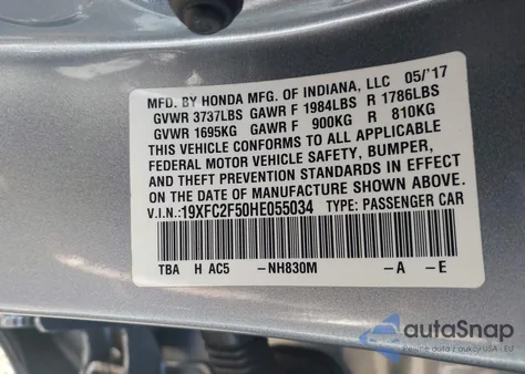 2017 Honda Civic Lx из США, поврежденный, VIN 19XFC2F50HE055034